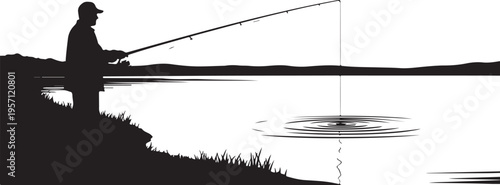 Silhouette of a man fishing by a serene lake shore