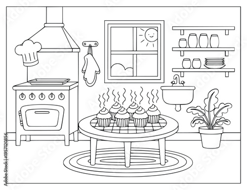 Kitchen coloring page for kids with steaming cupcakes on a wooden table
