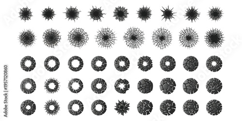 Set of black bullet holes and shattered glass cracks isolated on white