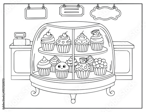 Bakery display case coloring page for kids with many sweet cupcakes