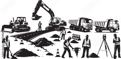 Construction site with workers and heavy machinery at work together