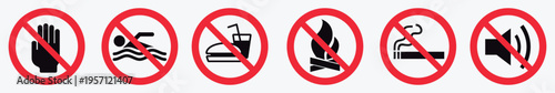 No eating and drinks allowed, No cell phone zone, No smoking symbols, stop, ban or prohibited icon set for public safety notices.Prohibited Icon Set