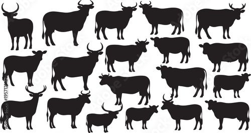 Collection of black cow silhouettes in various poses and sizes