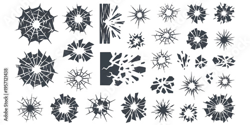 Black silhouette broken glass cracks and bullet impact holes set on white