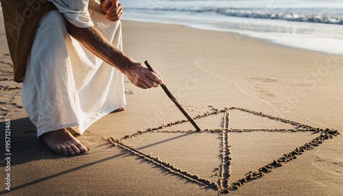 Person drawing a geometric shape on sandy beach with a stick.