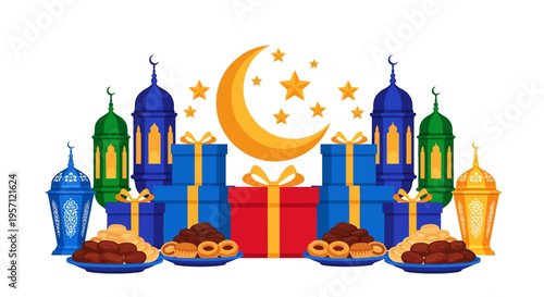 Ramadan Kareem celebration with gifts, lanterns, crescent moon, and traditional sweets.