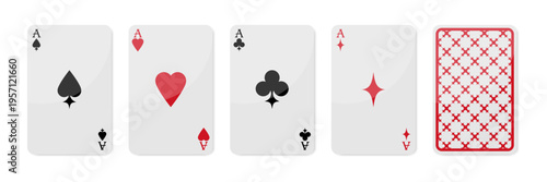 Playing cards design set with back side. Ace of Spades, Hearts, Diamonds and Clubs. Vector illustration