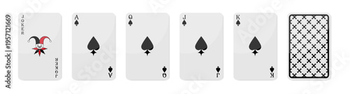 Set of high value playing cards of Spades. Joker, Ace of Spades, Queen, Jack and King. Playing cards design set with back side. Vector illustration