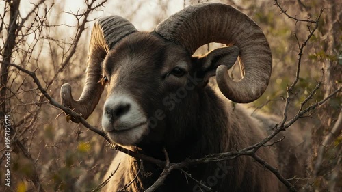 Ram caught in a thicket. Biblical story of Abraham and Isaac's sacrifice. Old Testament narrative