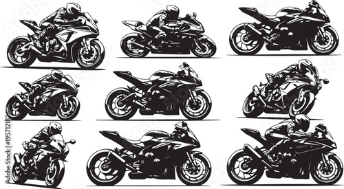 Set of motorcycle silhouettes in various dynamic riding positions shown