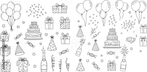 Birthday celebration elements with gifts cakes balloons and party hats vector illustration