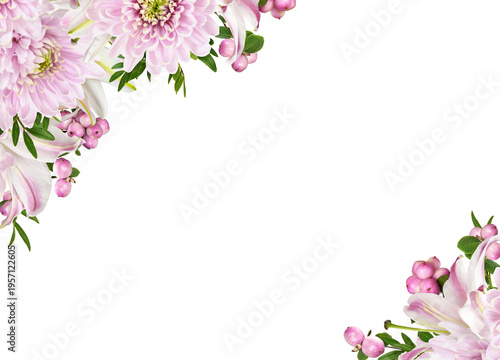 Pink chrysanthemum flowers, lilies and snowberries in corner floral arrangements isolated on white or transparent background