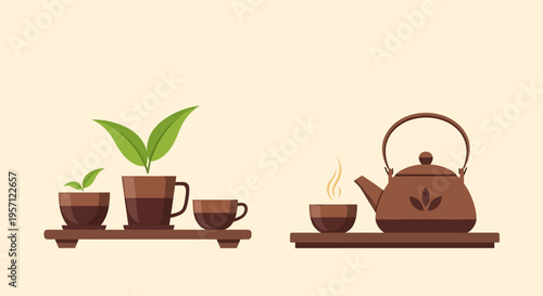 Traditional Japanese Tea Ceremony Set with Fresh Green Tea Leaves.