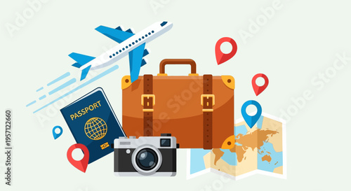 Travel essentials - airplane, suitcase, passport, camera, and map for global adventures.