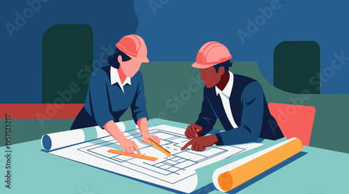 Engineers reviewing blueprint plans at office meeting table