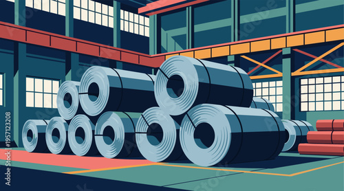 Stacked steel coils stored inside industrial warehouse facility