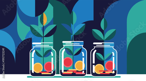 Glass jars holding growing plants and coins on shelf