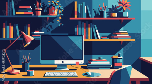 Desktop computer surrounded by books and desk accessories at workspace