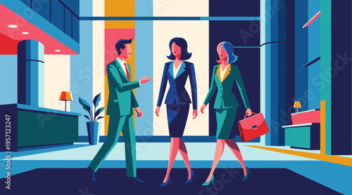 Business professionals walking and talking in modern lobby