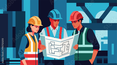 Construction workers reviewing blueprint at industrial site