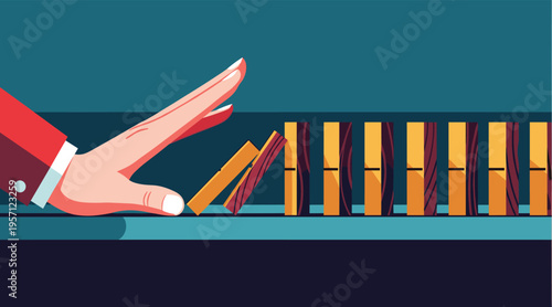 Hand pushing falling domino tiles on tabletop surface in strategic sequence