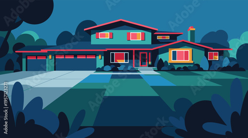 Suburban house facade at dusk with landscaped front yard