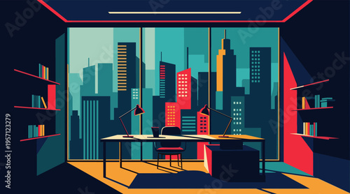 Office desk with lamps facing city skyline through window