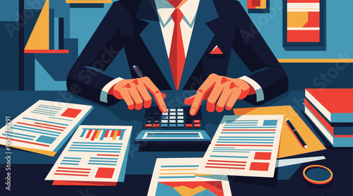 Businessman calculating finances at desk with documents