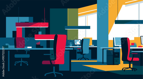 Open office space with empty chairs and workstations