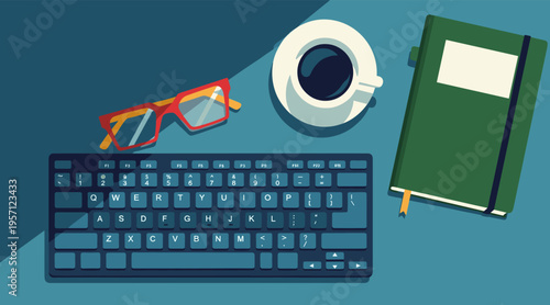 Keyboard with coffee cup glasses and notebook on desk