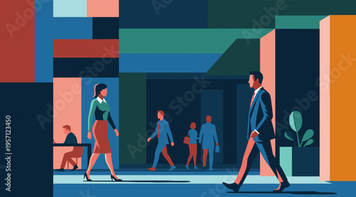 Business people walking through modern office building corridor