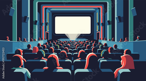 Audience watching film in dark movie theater auditorium