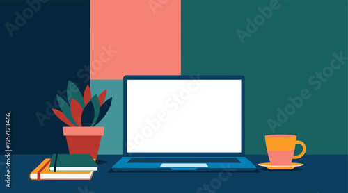 Laptop displaying blank screen resting on desk in workspace