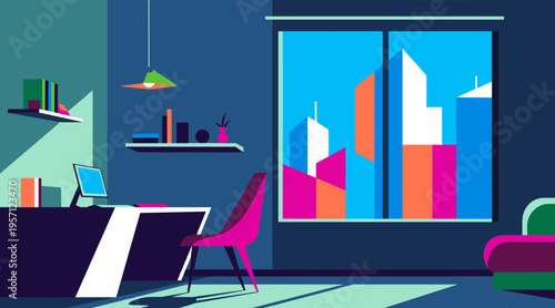 Modern office interior with desk and chair by window