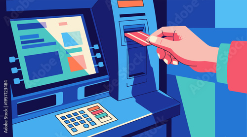 Hand inserting payment card into atm terminal in transaction scene
