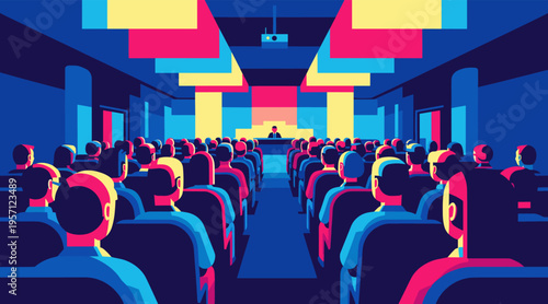 Audience seated watching presentation in conference hall