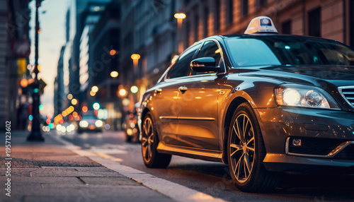 A black taxi car parked on a city street during evening.