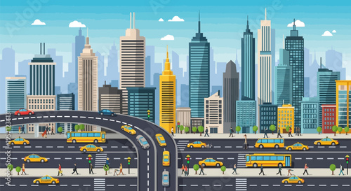 Urban Cityscape with Modern Skyscrapers and Busy Highway Traffic.