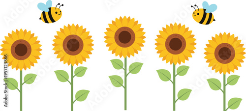 Cute sunflower vector set with bees. Bright yellow flowers with green leaves. Flat cartoon style nature illustration for spring, garden, and eco design.