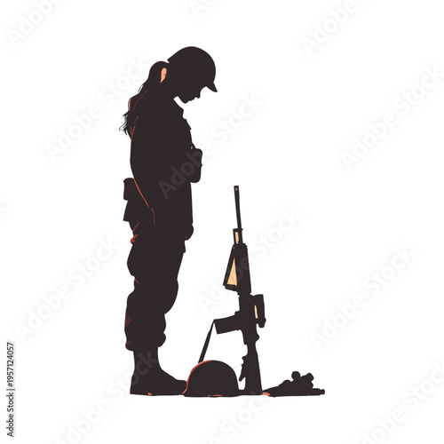Silhouette Of Female Soldier Mourning Fallen Comrade