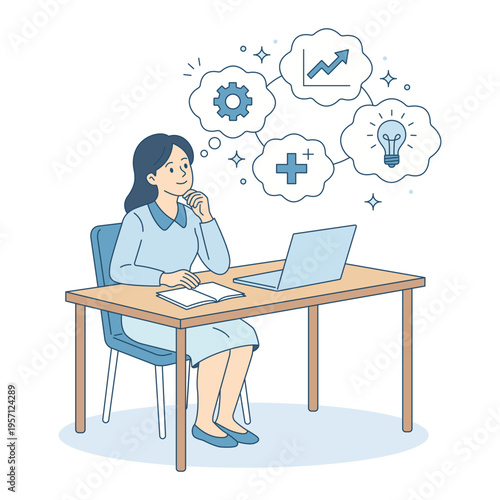 Female entrepreneur brainstorming and dreaming about business growth. Manager with laptop and notebook visualizing success, innovation and data analysis. Strategic thinking and creativity concept.