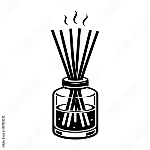 Reed diffuser icon showing sticks in a bottle with rising scent, representing air freshening, wellness, and essential oil aromatherapy