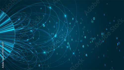 Futuristic digital technology background with circular lines and binary code. Graphic concept for your design
