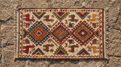 AI generated traditional Andean tapestry with llama motifs on stone wall
