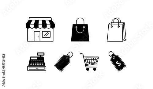 Minimal shop icon set flat black vector illustrations isolated on white background