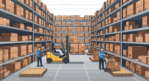 Warehouse operations with forklift and workers managing inventory.