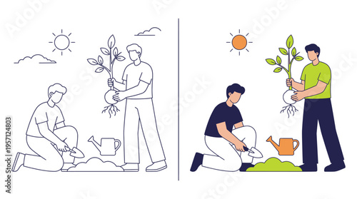 Man Planting Sapling in Garden with Watering Can