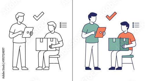 Man Inspecting Package with Checklist and Tablet