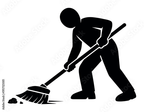 Worker silhouette sweeping and cleaning, showcasing housework, tidiness, hygiene, and maintenance tasks
