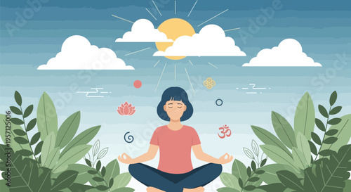 Woman meditating in lotus pose with spiritual symbols.
